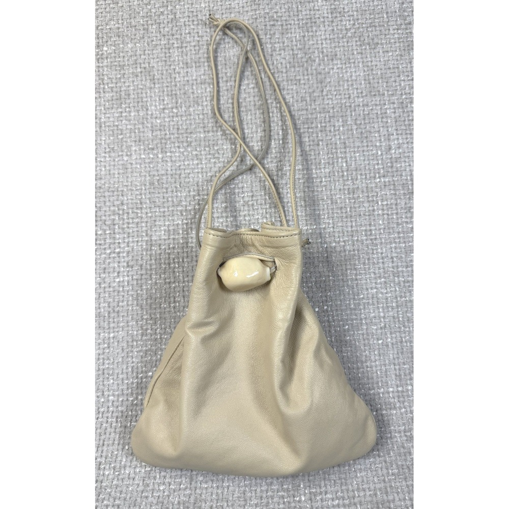 Ayllon Casilda Pouch Beige Lamb Leather Drawstring Bag Glass Bead Toggle